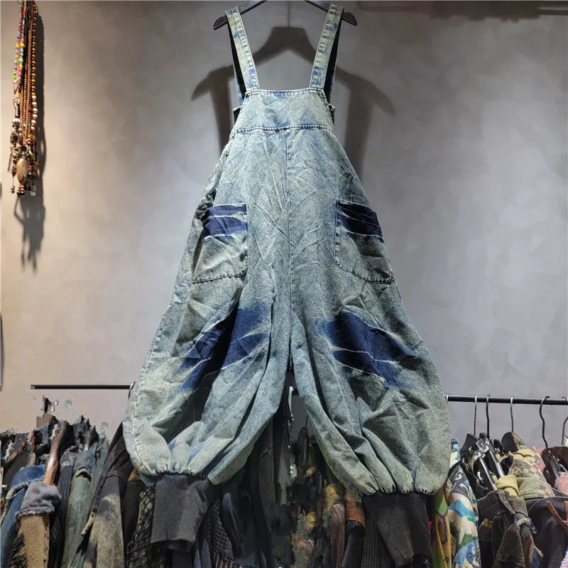 WTHT Vintage Fashion Women's Wash Patchwork Denim Rompers 2026 Spring Trendy Sleeveless Loose Jumpsuits Female 1LS2869