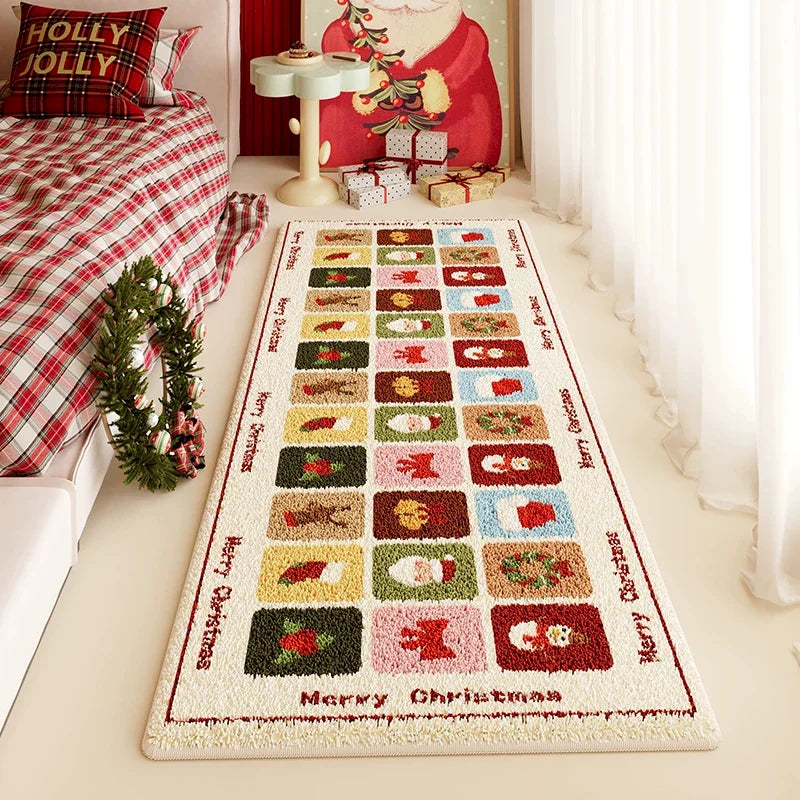 VIKAMA Holly Jolly Christmas Bedside Rug Plush Soft Non Slip Carpet Santa Tree Bedroom Floor Mat Decoration