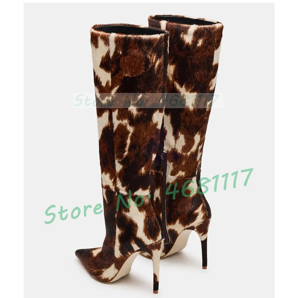 Dark Brown Cow Print Knee High Boots Women Pointy Toe Artificial Horsehair Leather Splicing Boots Mixed Color Side Zipper Shoes