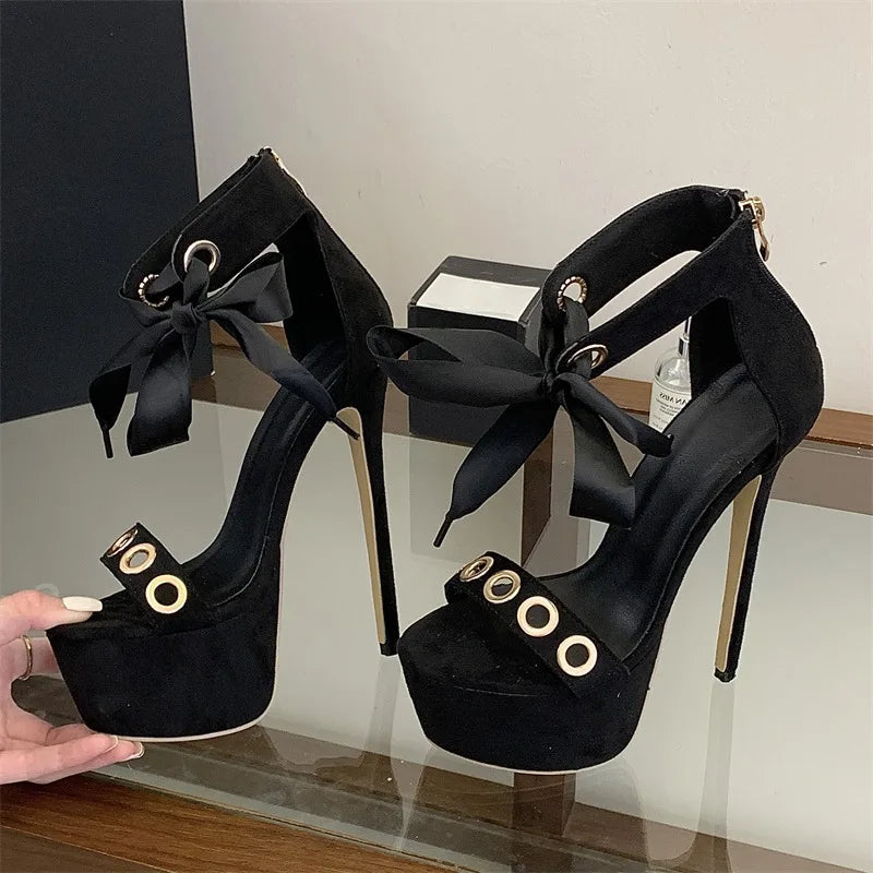 Eilyken New Fashion Hollow Out Lace-up Zipper Women Sandals Sexy Super Stiletto High Heels Carnival Striptease Shoes