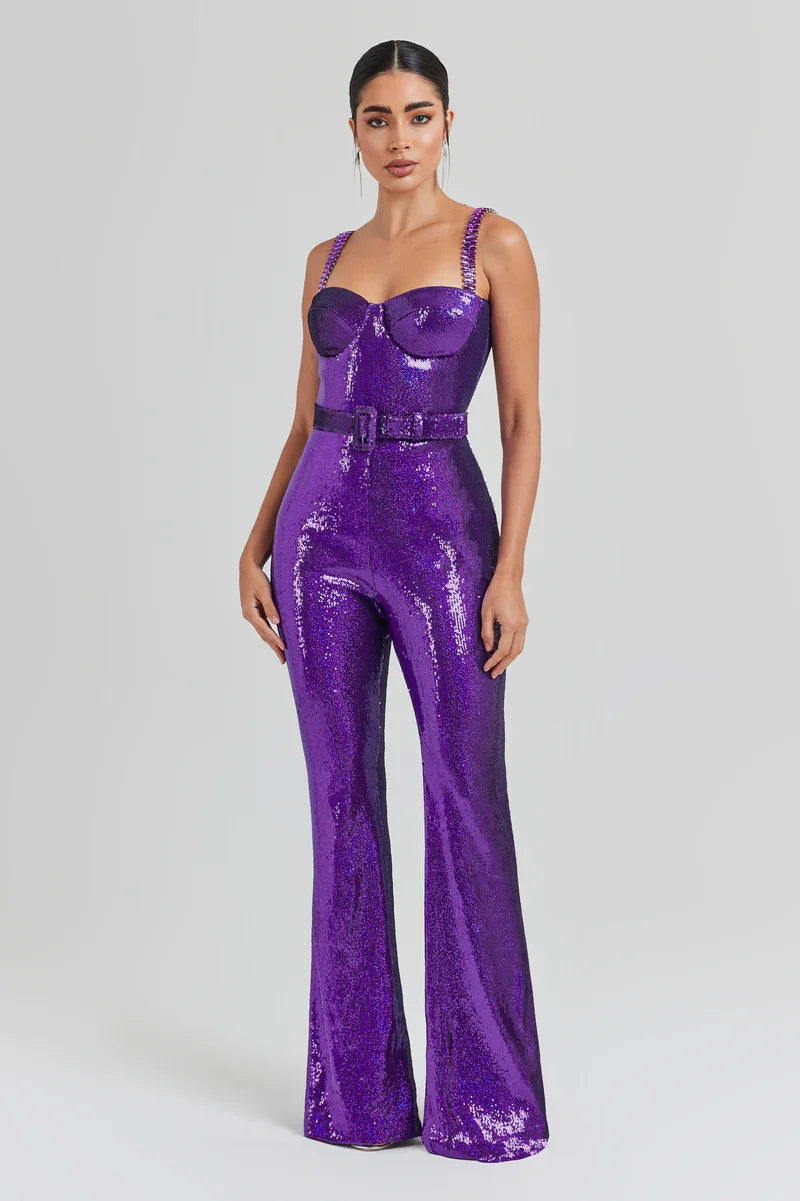VC Women's Jumpsuits Luxury Gold Sequins Design Birthday Party Clubwear Sleeveless Spaghetti Strap Jumpsuits With Belt