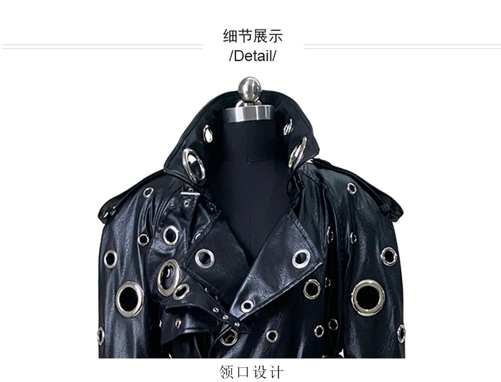 Nerazzurri Autumn Oversized Extra Long Pu Leather Trench Coat for Women Holes Hollow Out Luxury Designer Emo Streetwear Overcoat