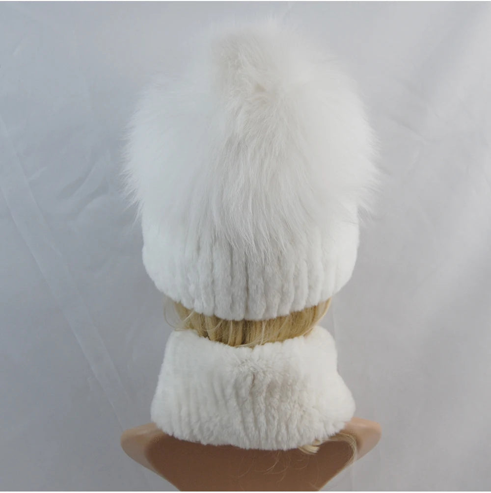 New Winter Lady Brand Hand Make Real Genuine Fox Fur Hat Scarf Girls Natural Real Rex Rabbit Fur Ring Cap Real Fur Scarves Hats