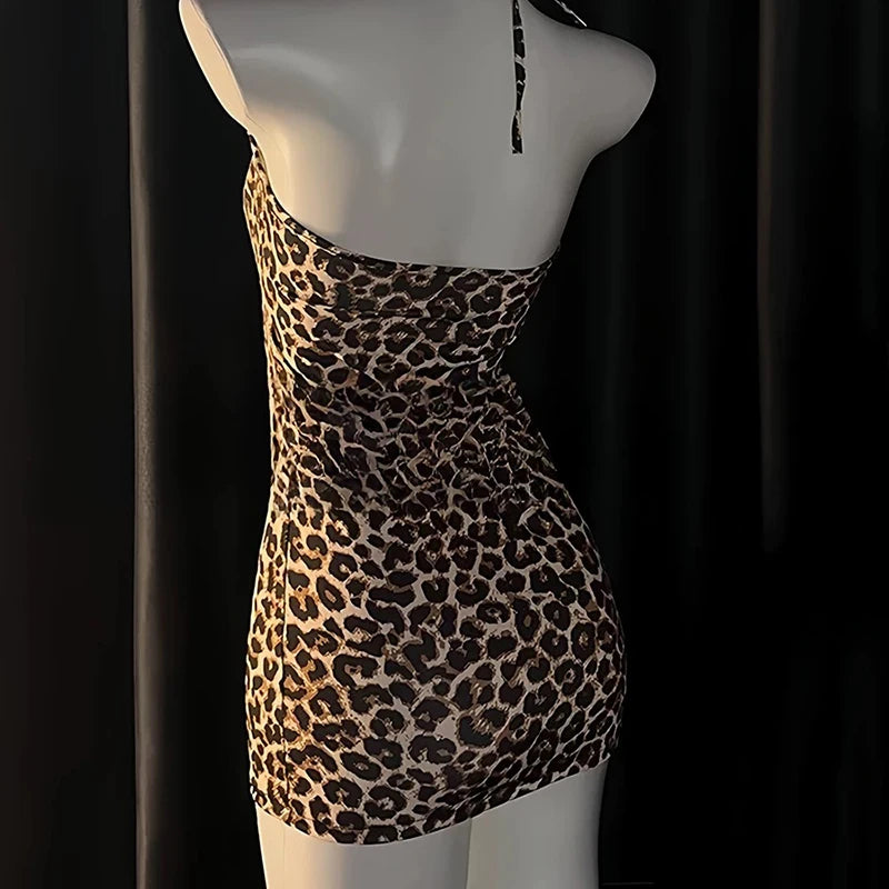 2025 Sexy Mini Leopard Print Dress Halter Backless One-piece Boysuit Hollow Lingerie Dress for Party Night Club