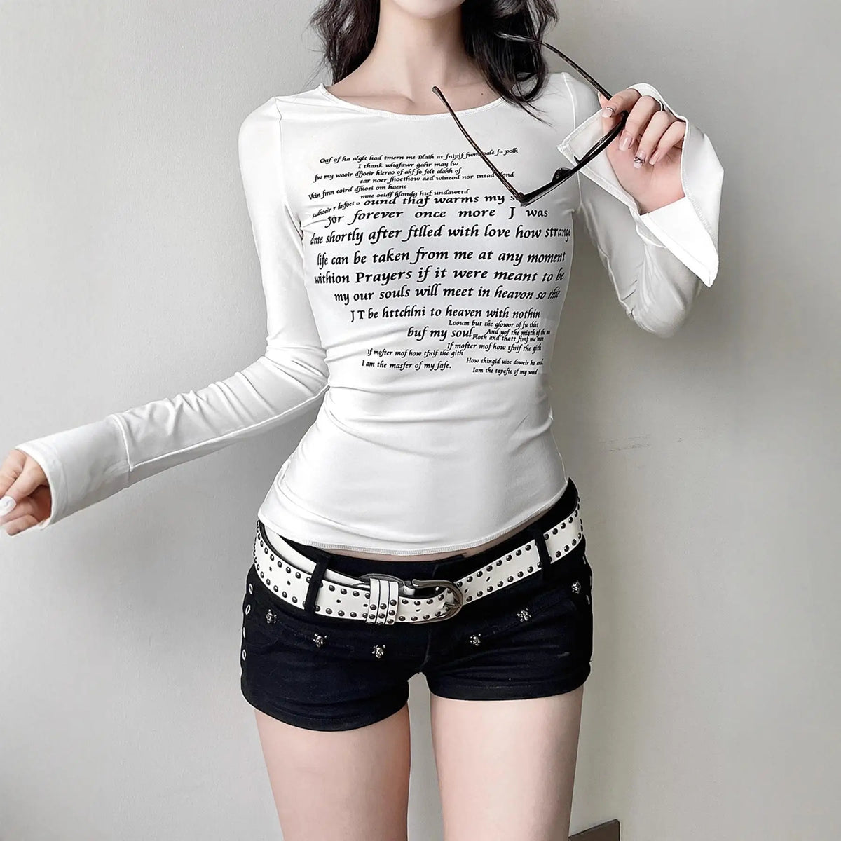 New y2k sleeve slit letter print diagonal hem personalized top, spicy girl street slimming versatile, slimming and casual long s