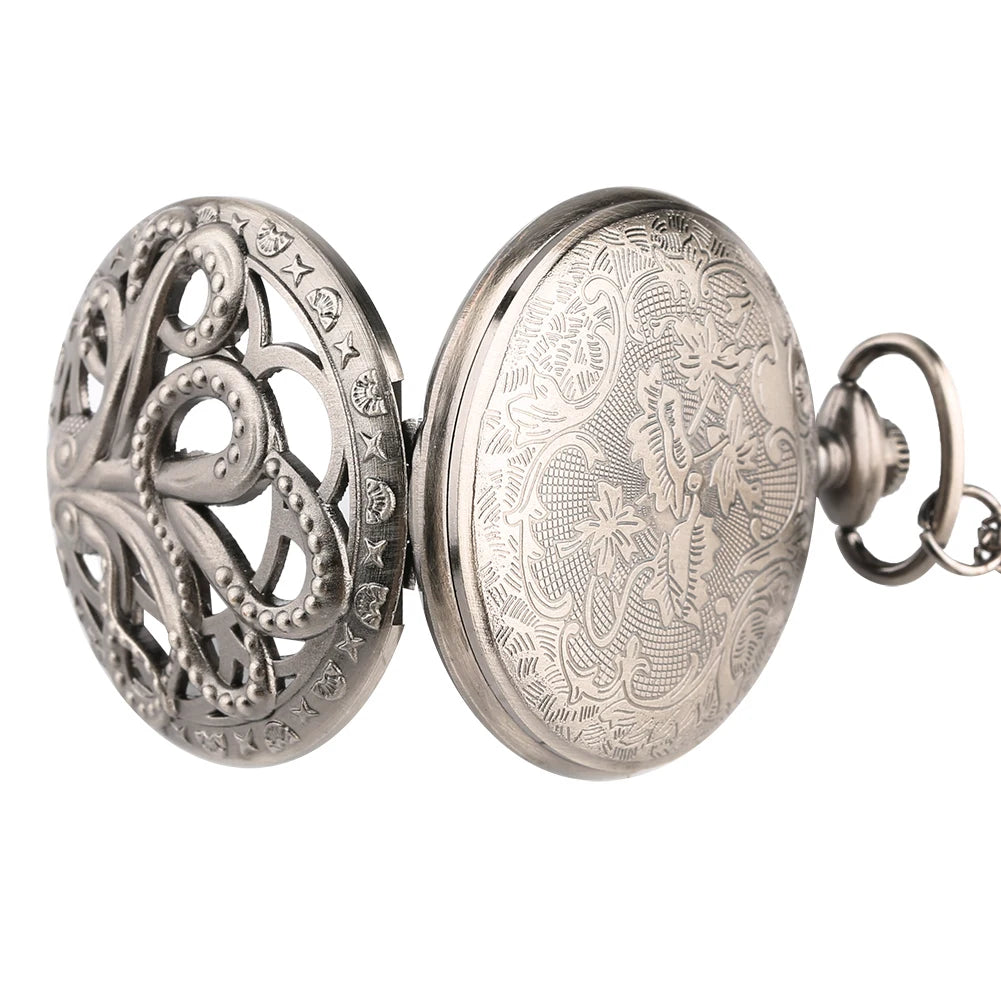 Retro Octopus Pattern Quartz Pocket Watch Arabic Numerals Dial Necklace Pendant Clock Vintage Fashion Timepiece Gift Unisex