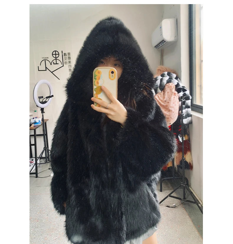 Nerazzurri Autumn Winter Oversized White Black Warm Shaggy Hairy Faux Fur Coat Women with Hood Loose Casual Fluffy Jacket 2023