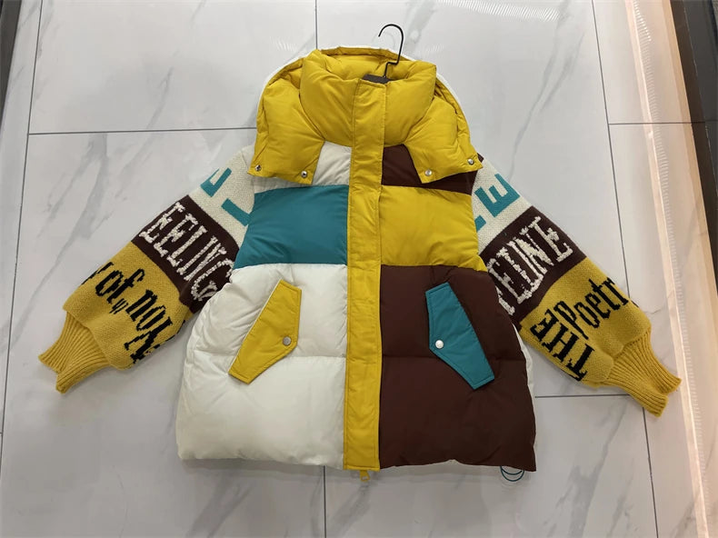 Streetwear Letter Stitching Fashion Down Jacket Women's New Hooded Parka Loose Winter Down Coat Female Thick Casual Warm Clothes