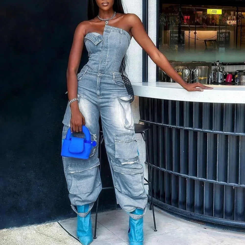 TWOTWINSTYLE Solid Patchwork Pocket Casual Denim Jumpsuits For Women Strapless Sleeveless High Waist Temperament Jumpsuit Female