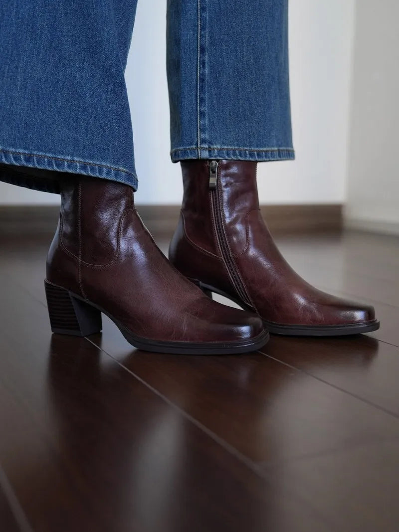 Elegant Office Ladies Chunky Heels Genuine Leather Short Boots Square Toe New Designer Shoes Women Vintage Cowhide Ankle Boots