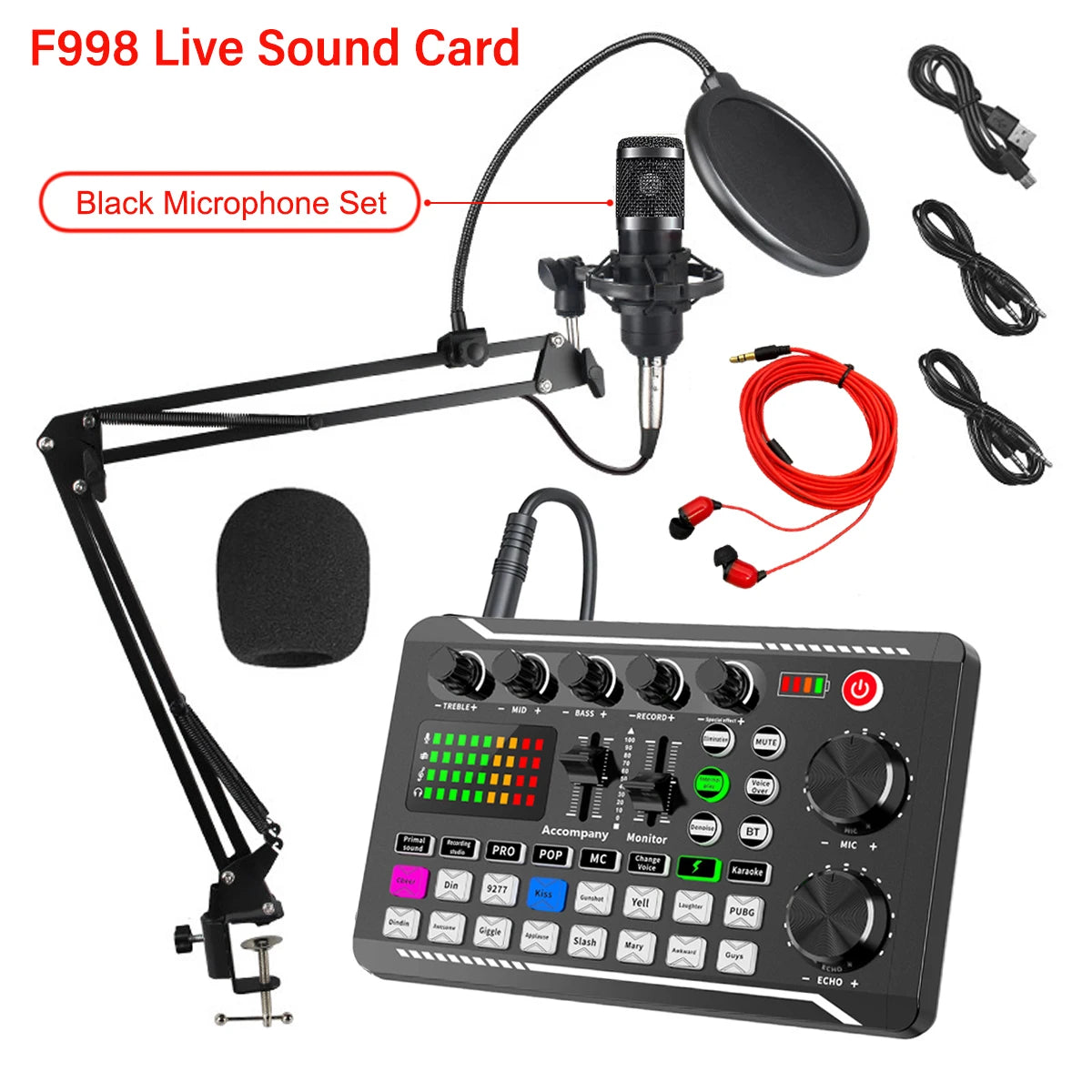 F998 Podcast Live Equipment Bundle, Professional Live Sound Card with Microphone Set Mixer Recording Studio Package Music Singin