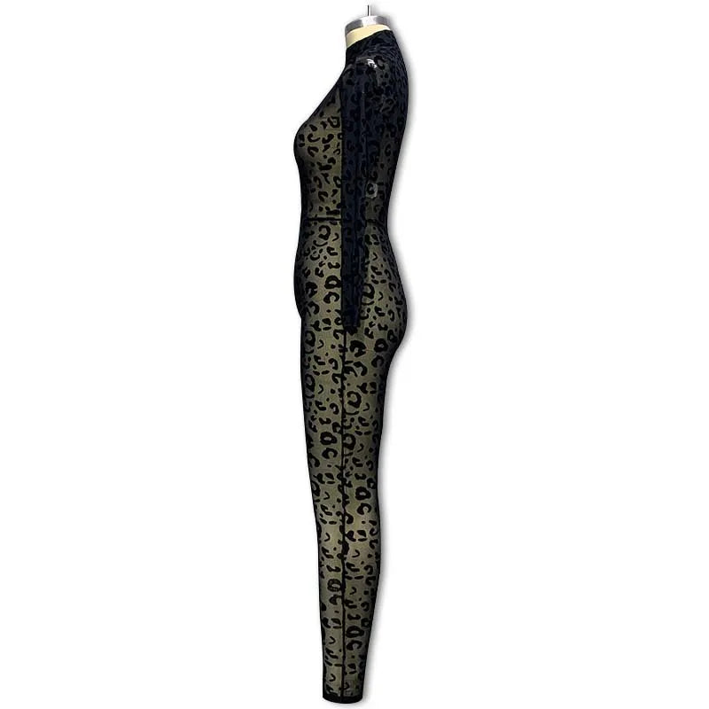 Leopard Print New Women's Jumpsuit Slim Long-sleeved Sexy Flocked See-through Slimming Jumpsuits For Woman Комбинезон Женский