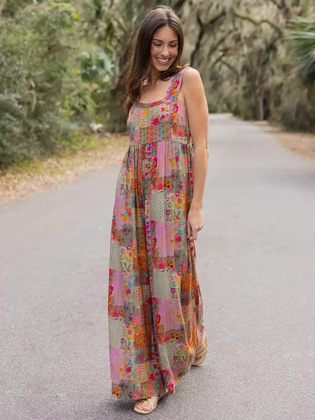 Plus Size Women's Jumpsuit, Wide Strap Square Neck Printed Casual Street Fashion Loose Wide Leg Jumpsuit