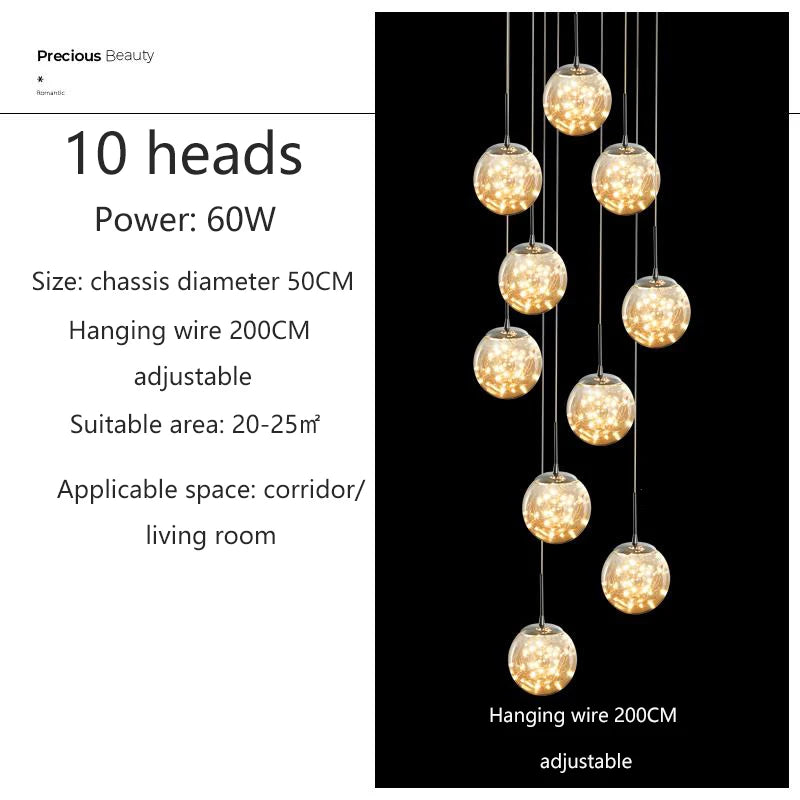Modern LED Chandelier Glass Ball Dimmable Pendant Lamp for Staircase Living Room Home Decor Suspension Lighting Design Lusters