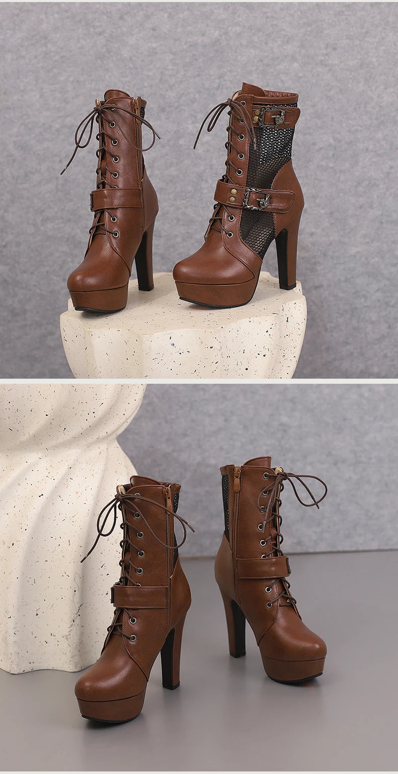 Plus Size Hollowed Out Mesh Patchwork PU Cross Tie Side Zipper Summer Cool Mid-Calf Boots Platform Ultra-High Thick Heel Boots