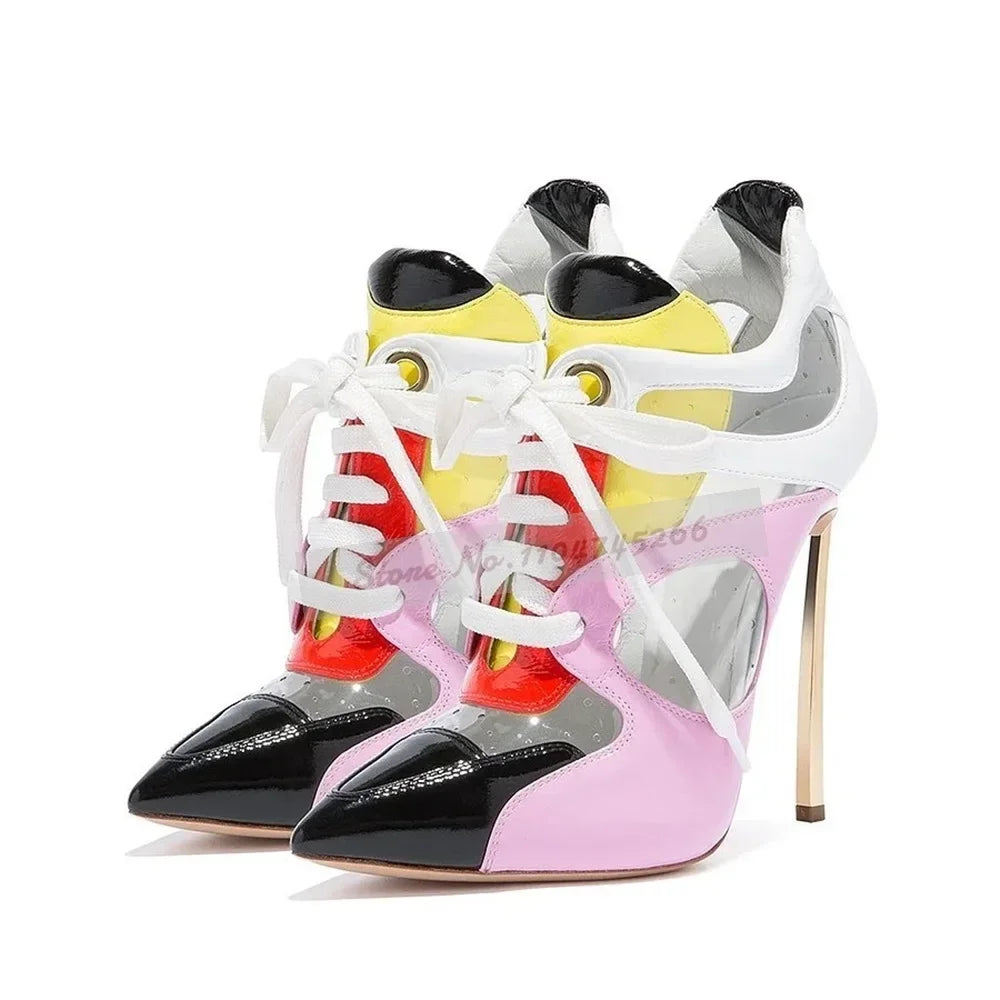 Fuchsia Patent Leather Wedged Lace-Up Ankle Boots Green Buckle Straps Metal Decor Booties Hgih Platform Pocket Nightclub Shoes