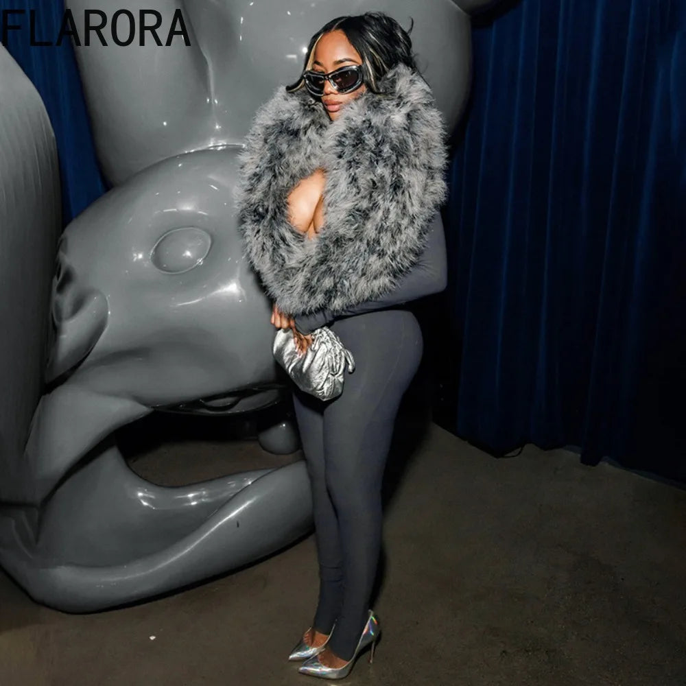 FLARORA Luxury Faux Fur Furry Patchwork Jumpsuits Woman Deep V-Neck Long Sleeve Slim One Piece Rompers Midnight Party Clubwear