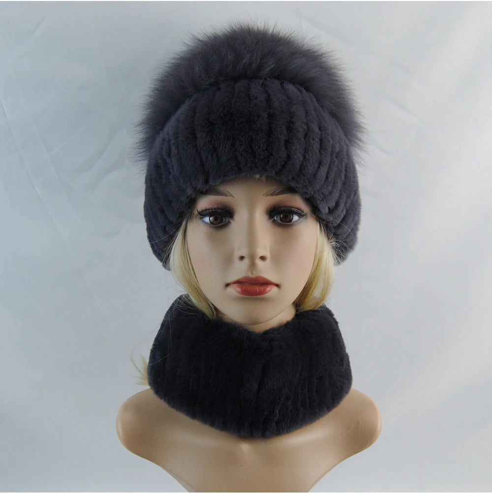 New Winter Lady Brand Hand Make Real Genuine Fox Fur Hat Scarf Girls Natural Real Rex Rabbit Fur Ring Cap Real Fur Scarves Hats