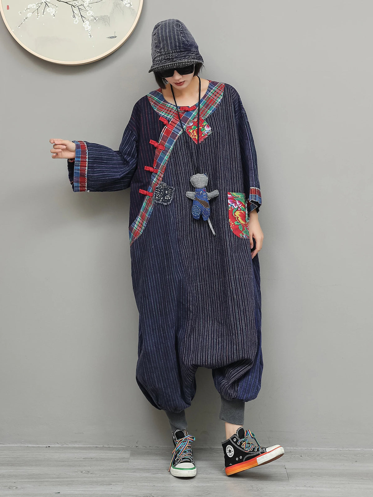 Unique Stylish Patchwork Jumpsuit Women Chinese-style Diagonal Button Long Sleeves Overalls Loose Fit LX6834