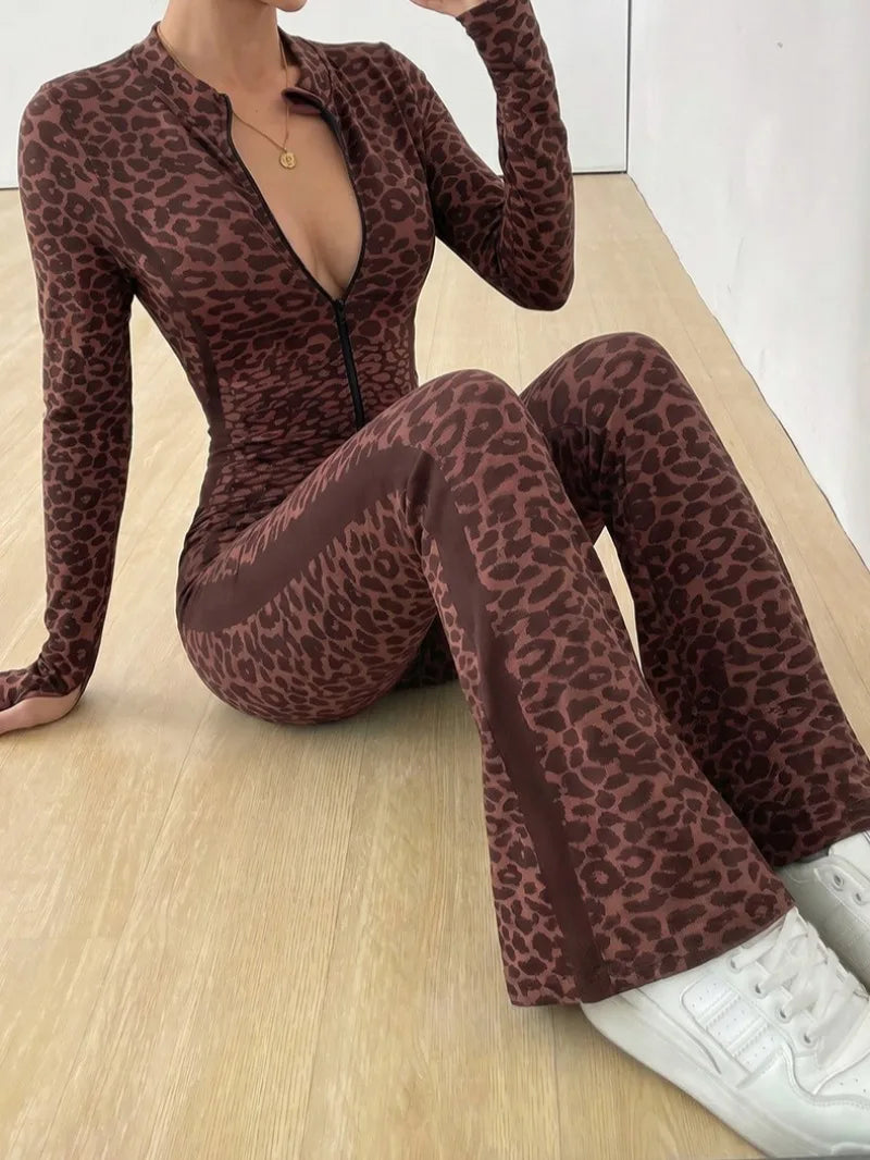 Women Leopard Print Fitness Jumpsuits Long Sleeve Zip-up Gym Sporty Overalls Female One Piece Flare Pants Running Yoga Tracksuit