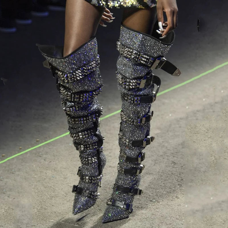 Luxury Crystal Thigh High Boots Women Belt Buckle Design Rhinestones Over The Knee Boots Sexy Pointed Toe Bling Shoes