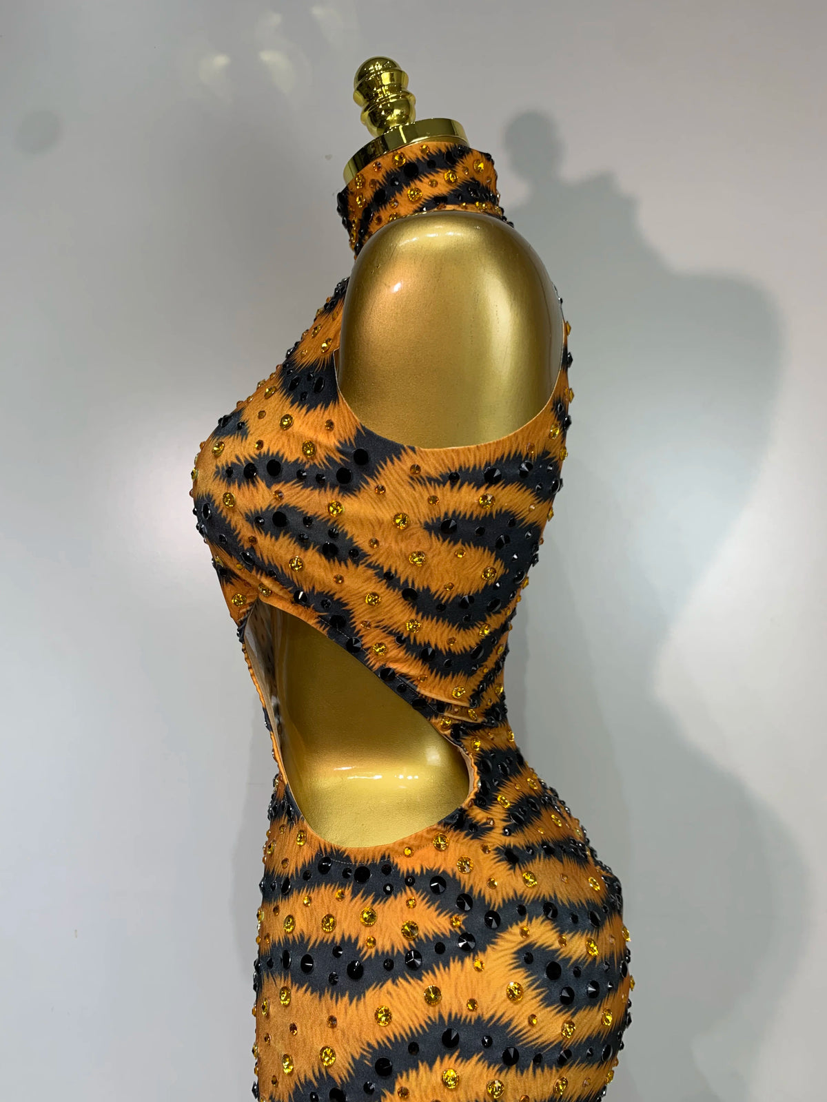 Sparkly Rhinestone Tiger Pattern Tight Fitting Jumpsuit Evening Party Sexy Nightclub DJ Stage Performance Outfit