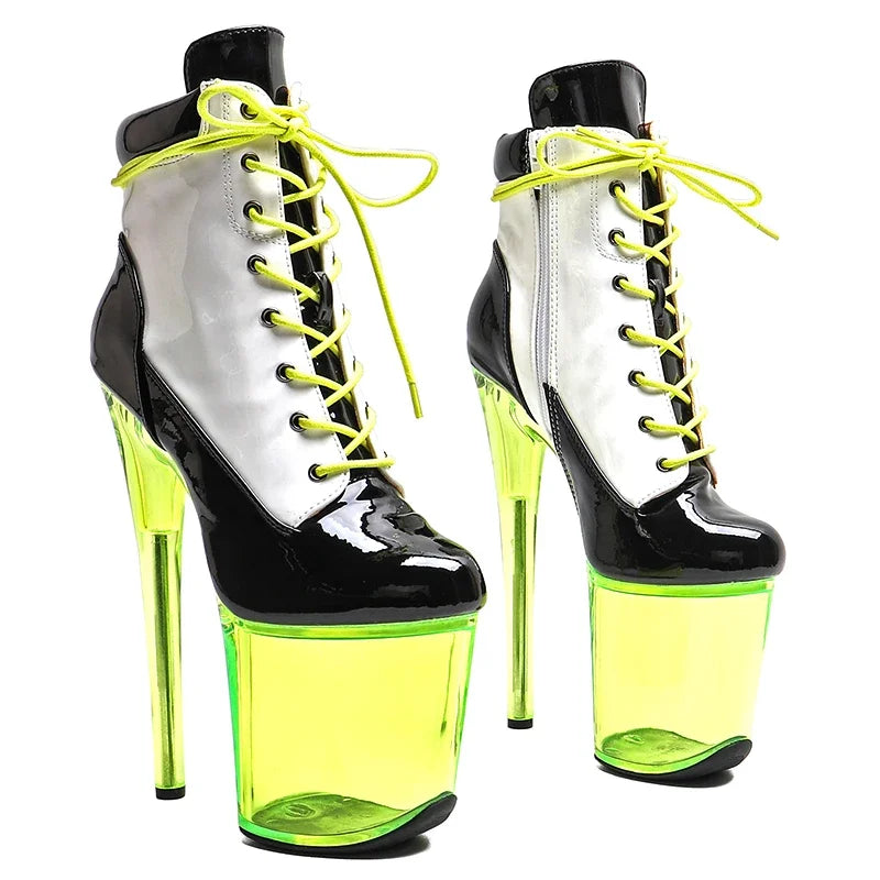 Leecabe 20CM/8inches Patent PU Upper Black & White Fashion Trend Sexy Clear High Heel Platform Ankle Boots Pole Dance Boot