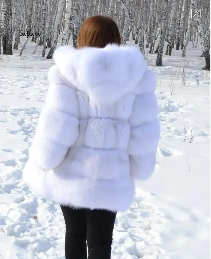 Fashion Winter Women Imitation Fox Fur Jacket Hooded Loose Long Sleeves Female Eco Fur Coat Patchwork Plush Thick Lady Fur Coat