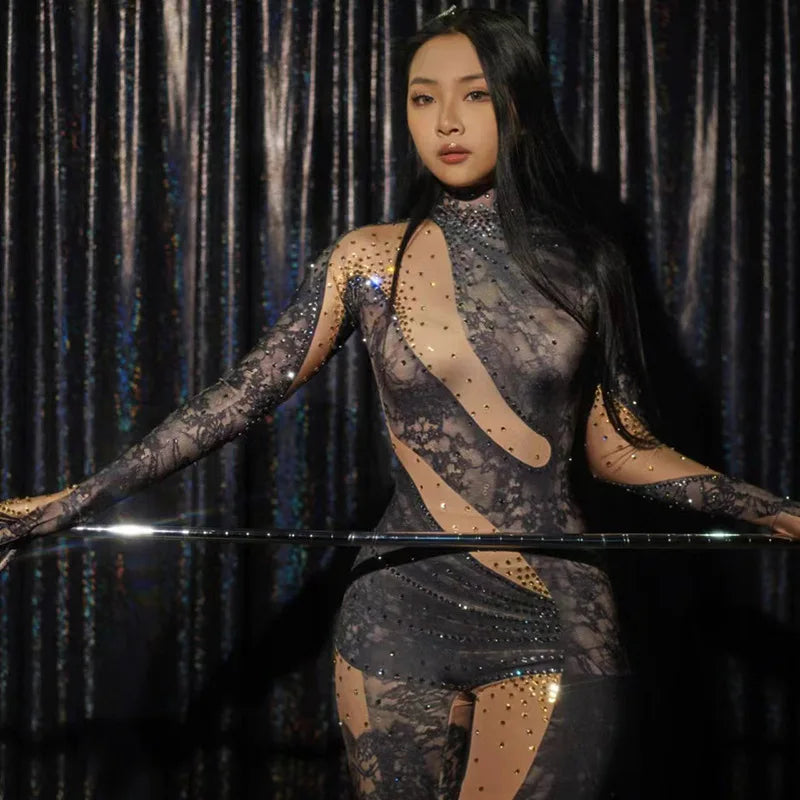 Sexy Full Diamond Long Sleeved Jumpsuit Ballroom Pole Dancer Performance Outfit Fashionable Club Suit Women's Photography