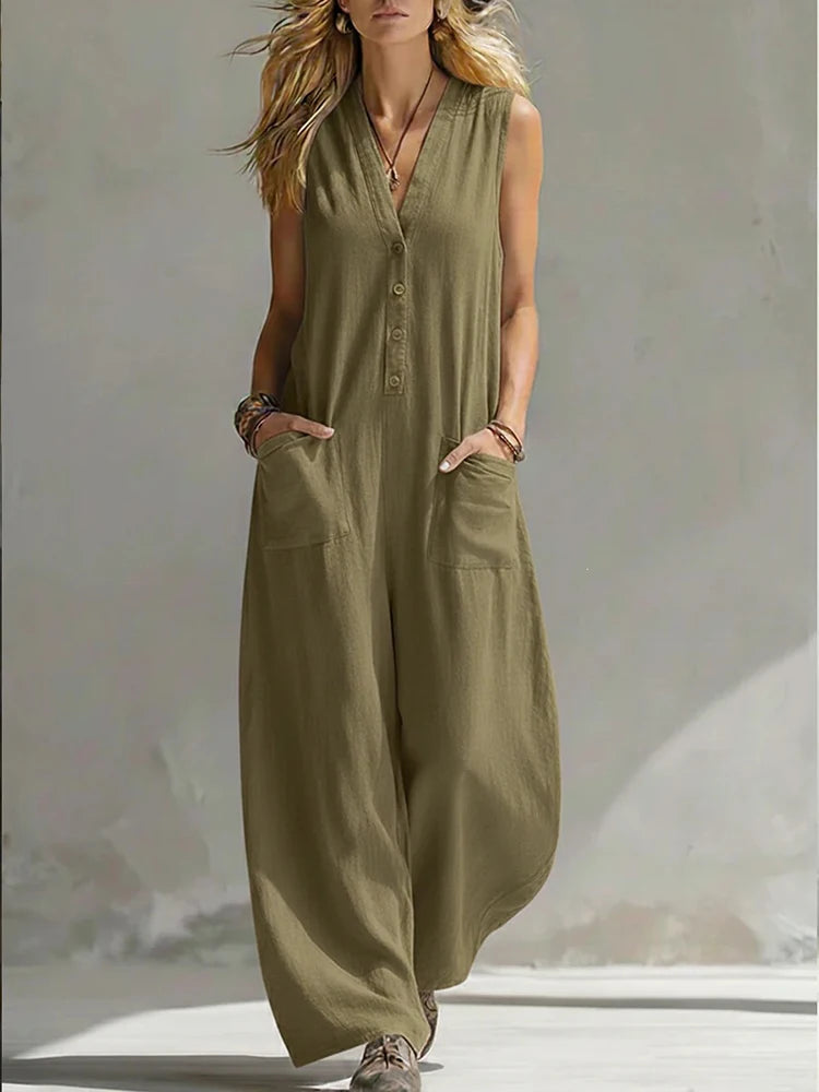 Women Casual Sleeveless V Neck Jumpsuit Button Wide Leg Cotton Linen Long Pants Romper Loose Baggy Summer Streetwear Outfits