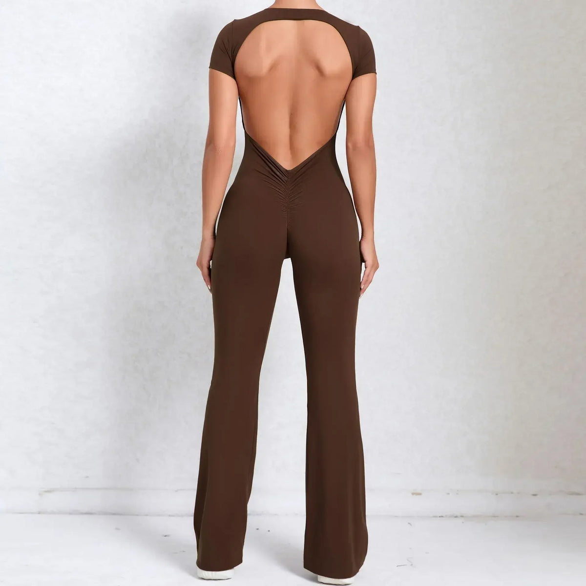 Sexy Backless Scrunch Flared Jumpsuits Women One Piece Sportswear Yoga Clothes Short Sleeve Fitness Overalls Female Sport Outfit