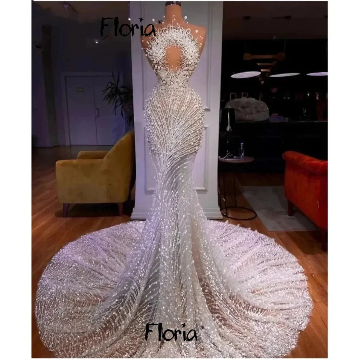 Floria Luxury Sleeveless Wedding Dresses 2026 Pearls Beading Bride Dresses With Long Train Elegant Bridal Gown Customized