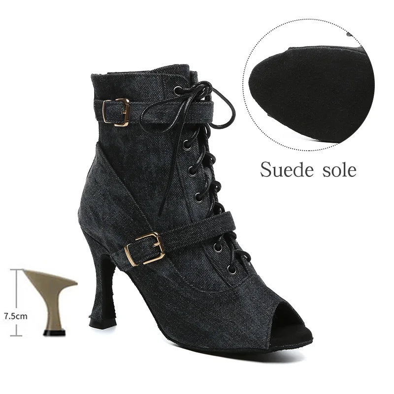 SWDZM New Ladies Dance Shoes Ballroom Dance Boots Denim Jazz Dance Shoes Girls Sexy Pole Dance Ballroom Dance Cowboy Boots