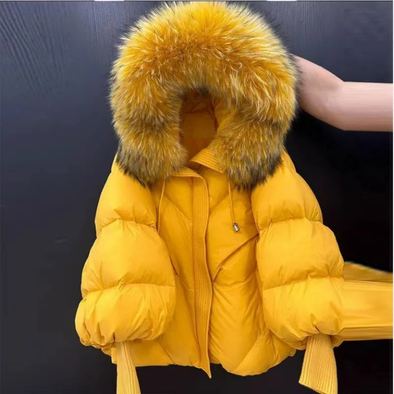 New Wool-neck Hooded Down Jacket Winter Thickened Warmth Loose Duck Down Coat Fashionable Simple Commuting Warm Women's Clothing