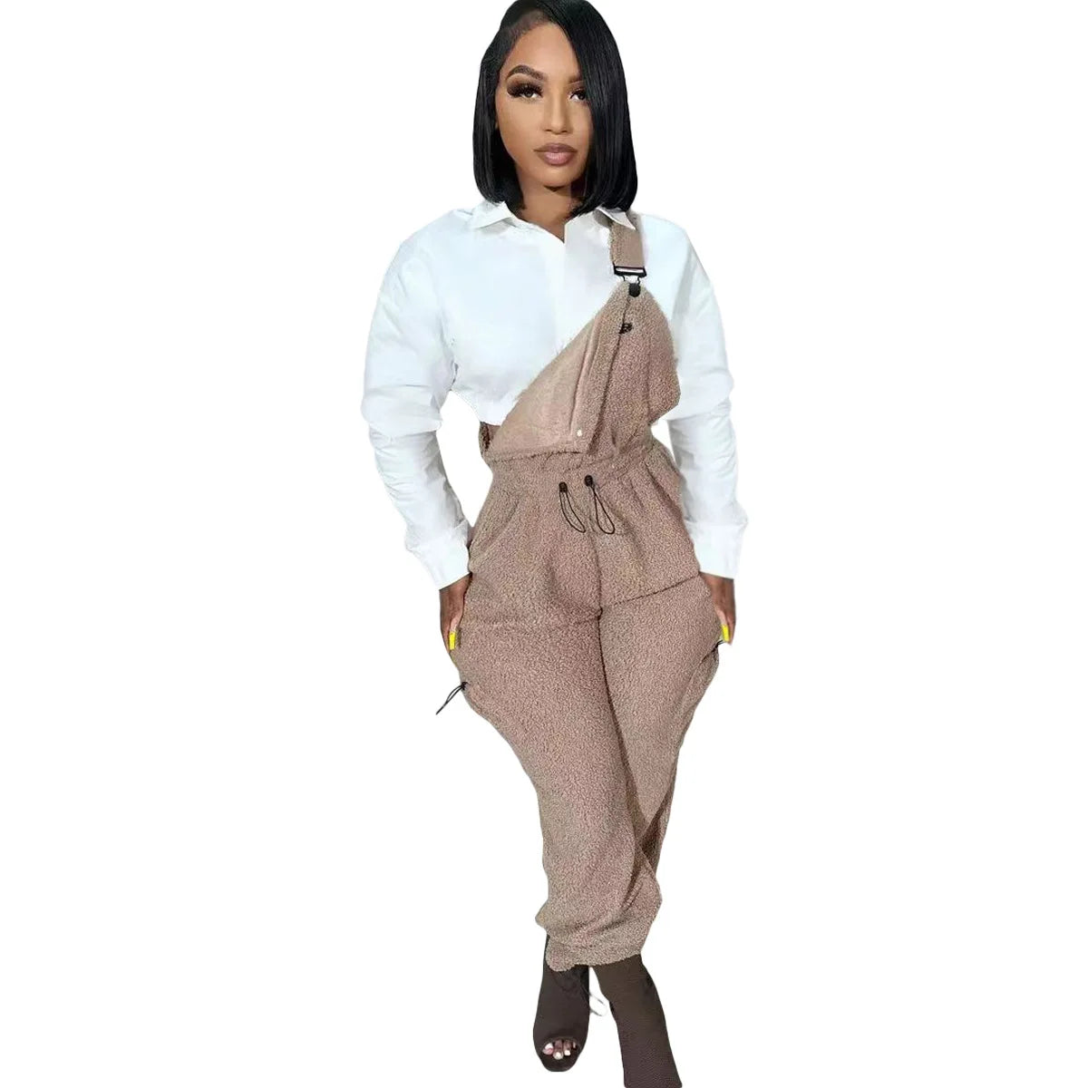 Lace Up Jumpsuit Women One Piece Jumpsuits Fur Rompers High Waist Spring Autumn Pants Mom Overalls Playsuits Elegant Pink