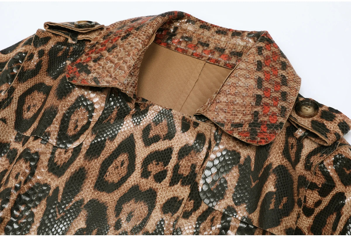 2102 High-quality Spring And Autumn Snake Skin Leopard Print Long Sleeved Leather Belt Temperament Coat Women's Trench Coat