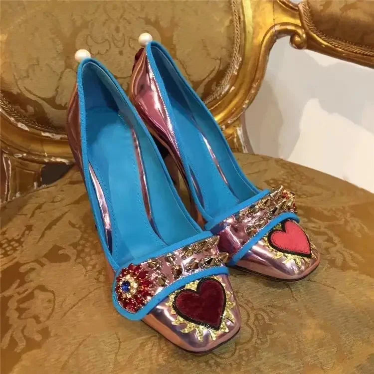royal red heart crystal rivets Studs Pumps back pearl with tassel rhombus Square Heel Women Slip On mary jane Shoes