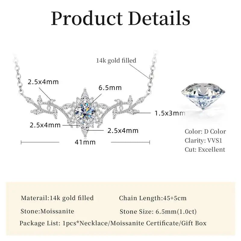 Lnngy Certificated Moissanite Necklace 14K Gold Filled Sophisticated Floral Leaf Pendant Necklaces for Women Wedding Jewelry