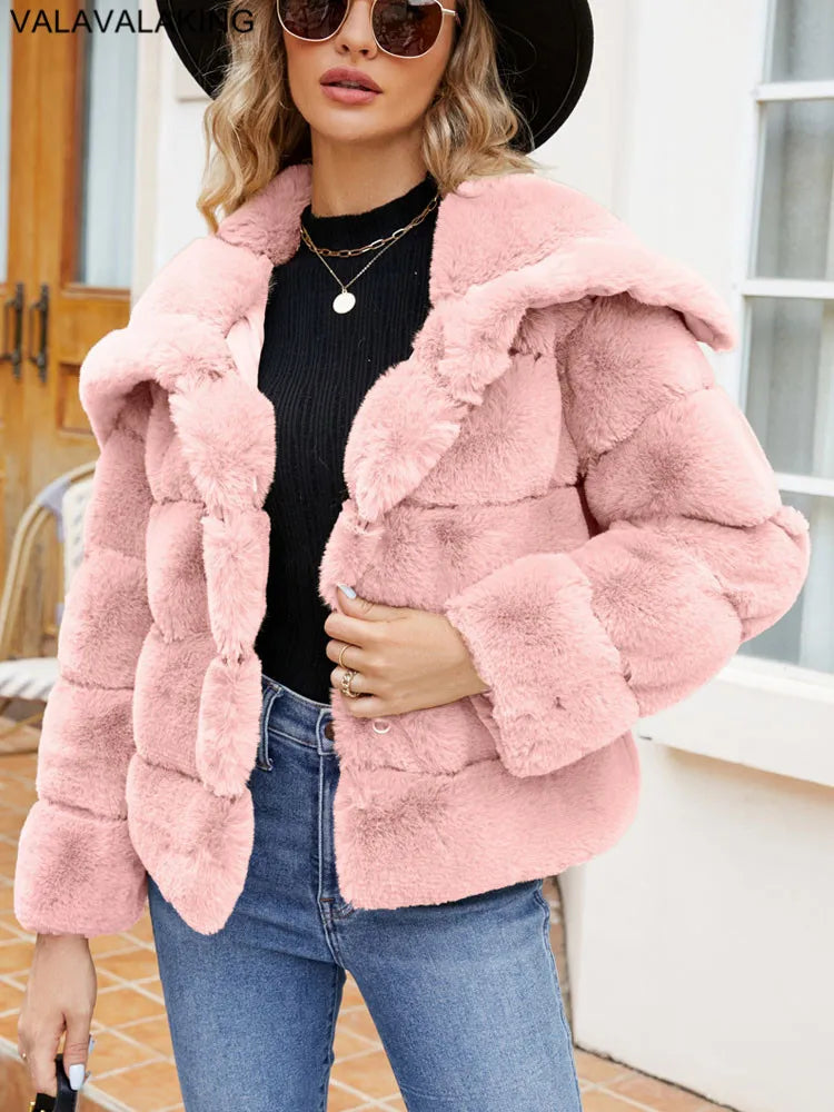 2026 Autumn Winter Turndown Collar Faux Fur Coat Women Casual Long Sleeve Fluffy Plush Jacket Khaki Thick Fake Fur Warm Cardigan