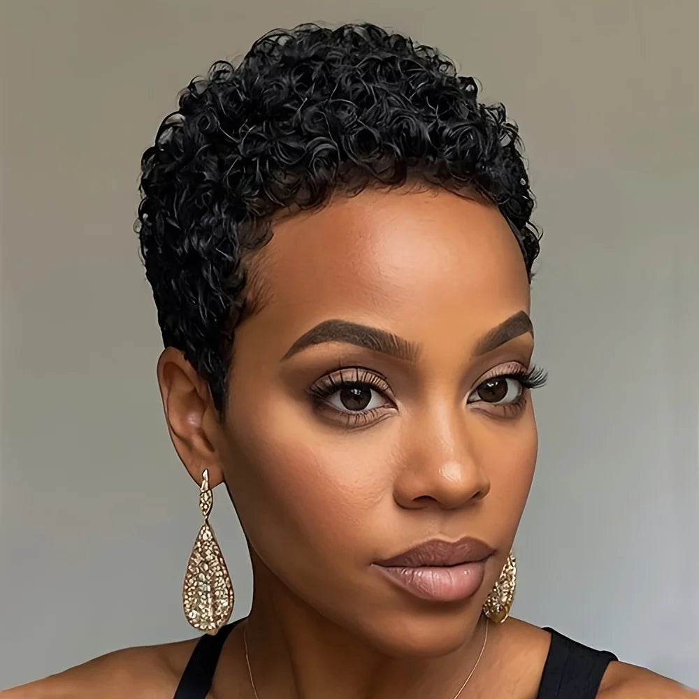 150% Density 4Inch Full Machine Made Wig Short Afro Curly Human Hair Wig Afro Short Wigs for Women Pixie Cut Wig Human Hair