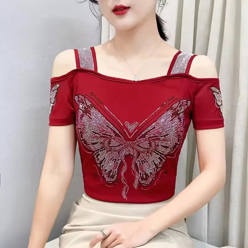 High Quality Elasticity Clothes Fashion T-Shirts Women's Sexy Off Shoulder Shiny Diamonds Mesh Tops Summer Tees Shirt
