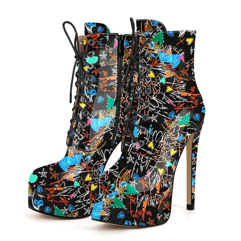 Onlymaker Women Round Toe Platform Lace-up Stiletto Printed Side Zipper Stiletto High Heel Ankle Boots
