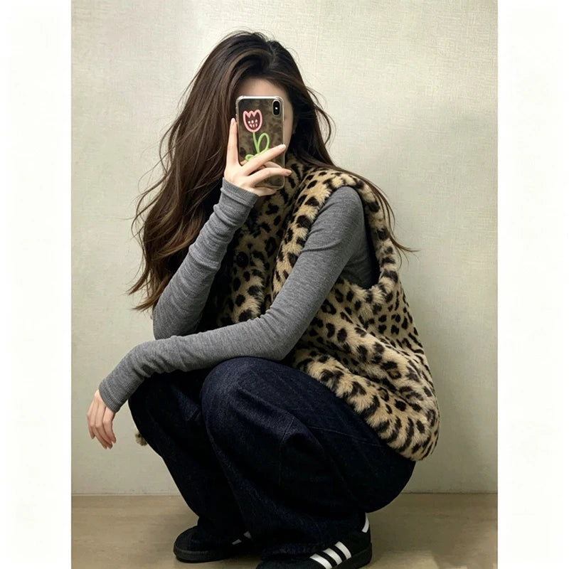 Faux Fur Y2K Leopard Vest Women Loose Vintage Winter Warm O Neck Streetwear Vests Casual Harajuku American Retro Lady Vest Coat
