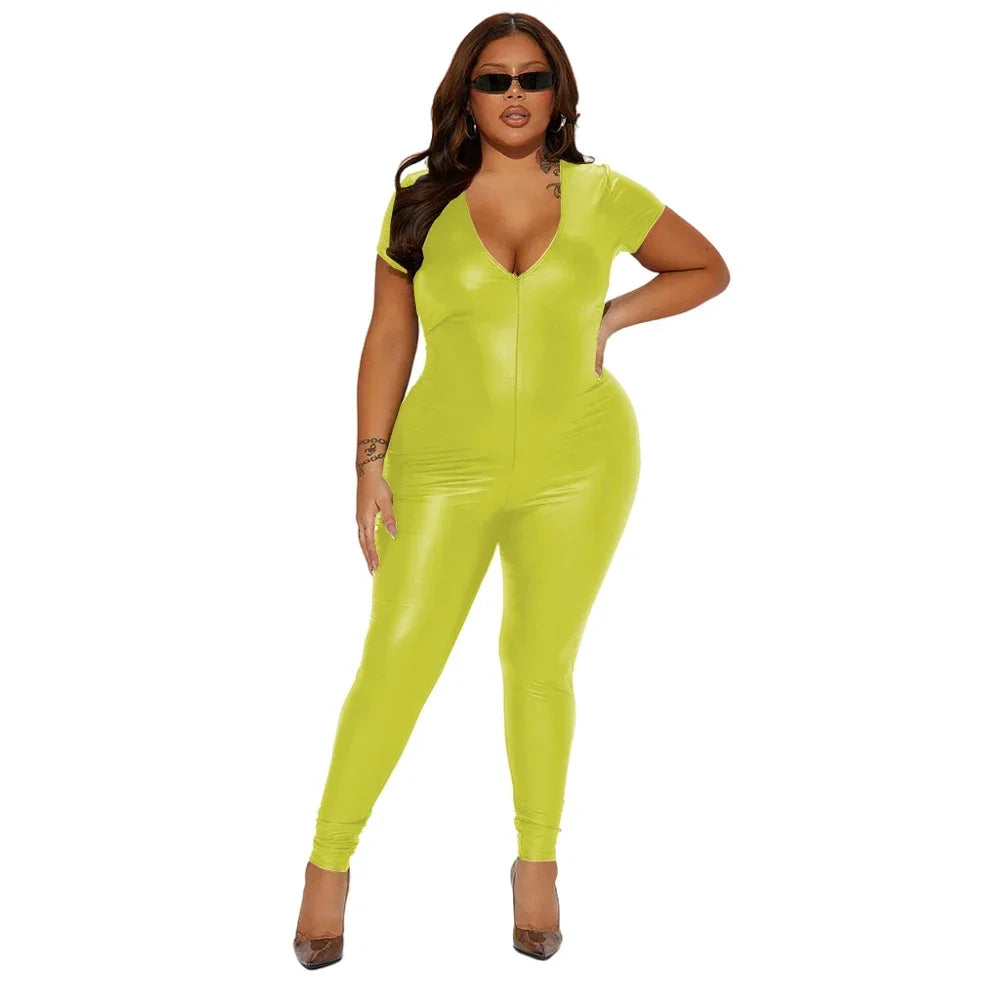 Deep V-neck Women Bodycon Jumpsuits Matte PU Leather Short Sleeve Skinny Zentai Ravely Party Club Stage Performance 8XL