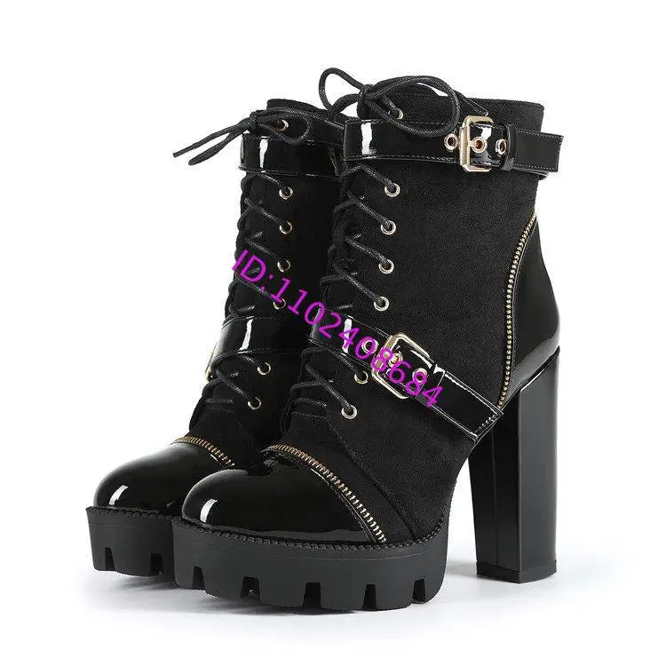 Design Women Black Leather Round Toe Rivets Metal Zippers Block High Heel Thick Bottom Ankle Boots Belt Buckles Platform Boots