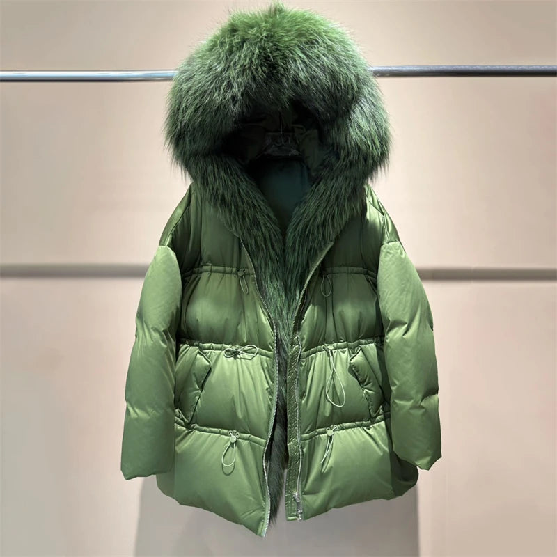 Winter New Arrival Women's Long down Jacket withLargeFox Fur Collar Fashionable Waist-Cinching Drawstring Loose Goose down Coat