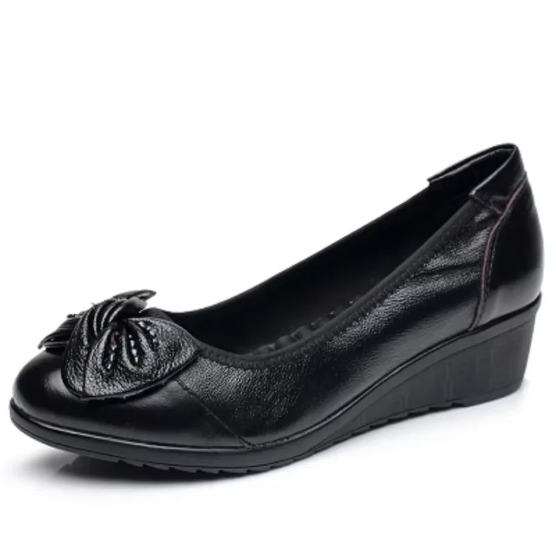 Women's Genuine Leather Pumps with Soft Butterfly Knot Wedge Low Heel Comfortable Round Toe Ladies Mother Loafers