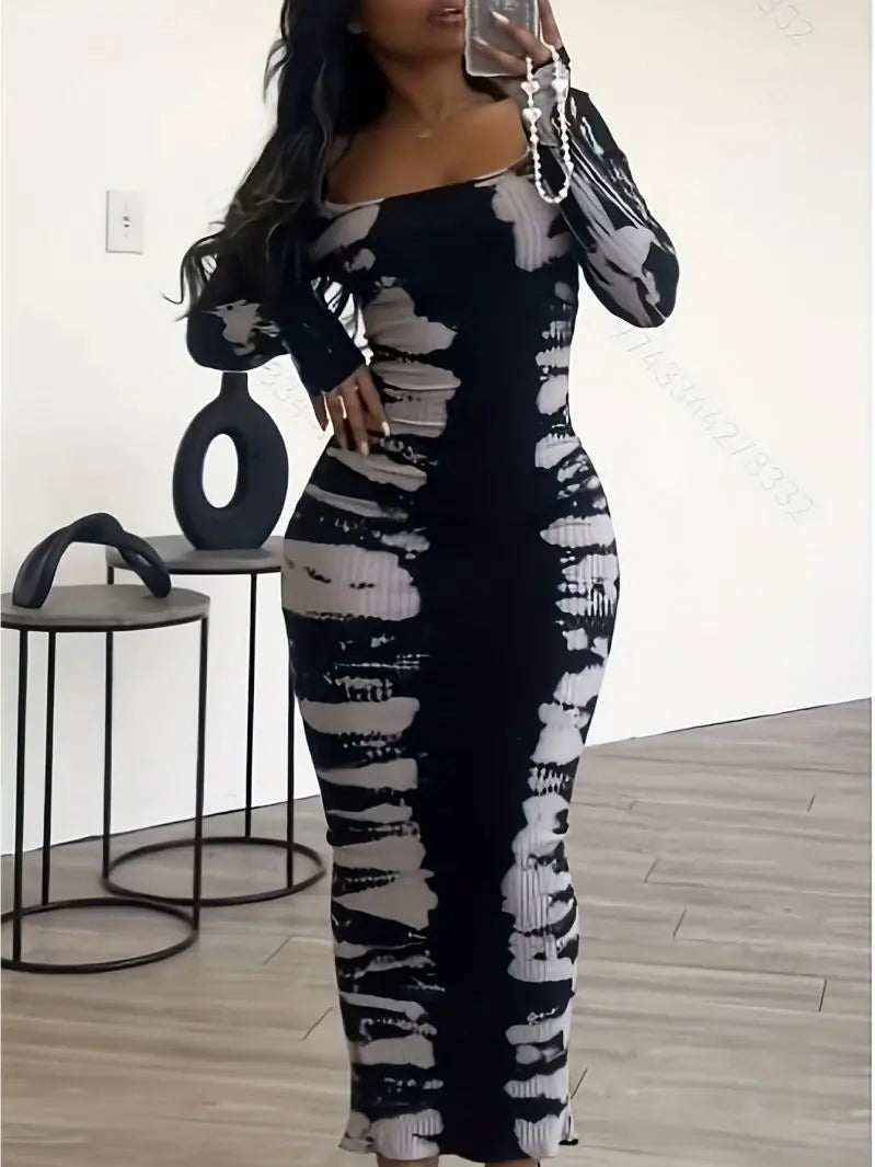 Slim Fit Hip Hugging Long Dress Square Collar Long Sleeves Waist Cinching Figure Show off Square Collar Long Skirt