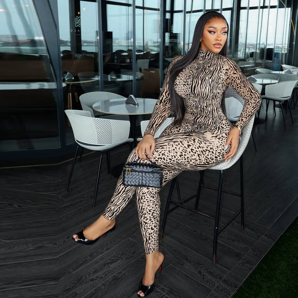 Zebra Stripes Leopard Print Skinny Jumpsuits Women Sexy See Through Mesh Patchwork Half High Collar Full Sleeve Slim Overalls