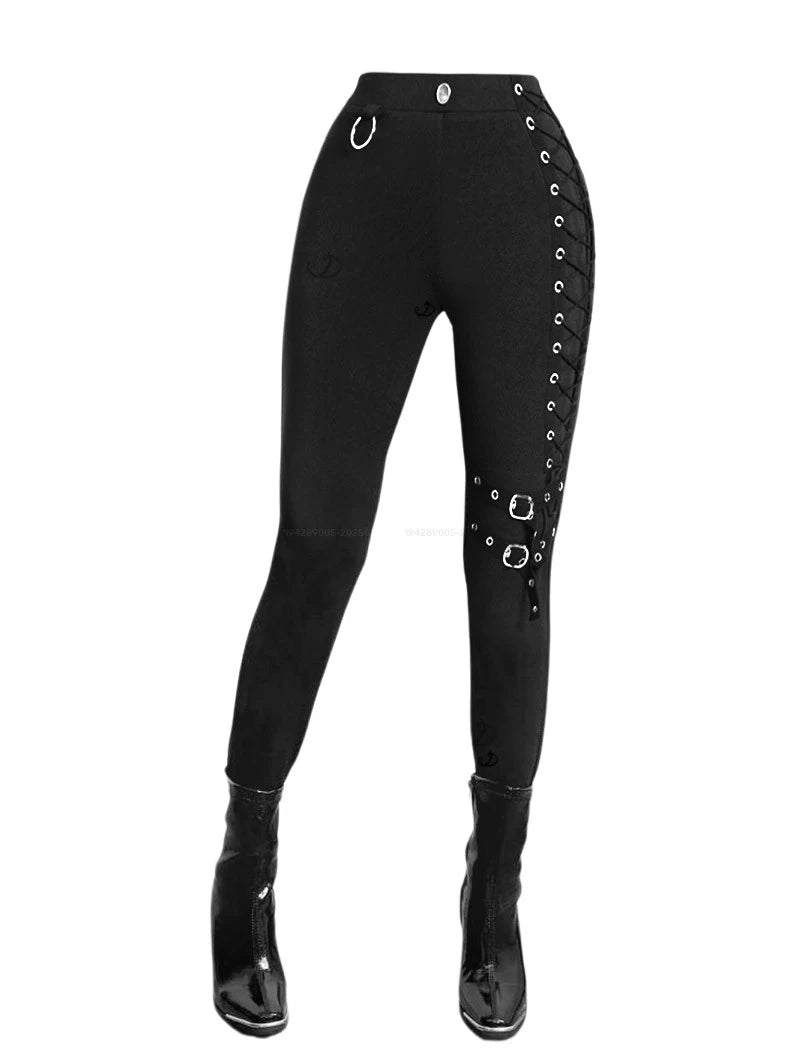 DRESSFO 2026 Women's Pants Grommet Buckle Lace Up Leggings Elastic Waist Punk Skinny Leggings